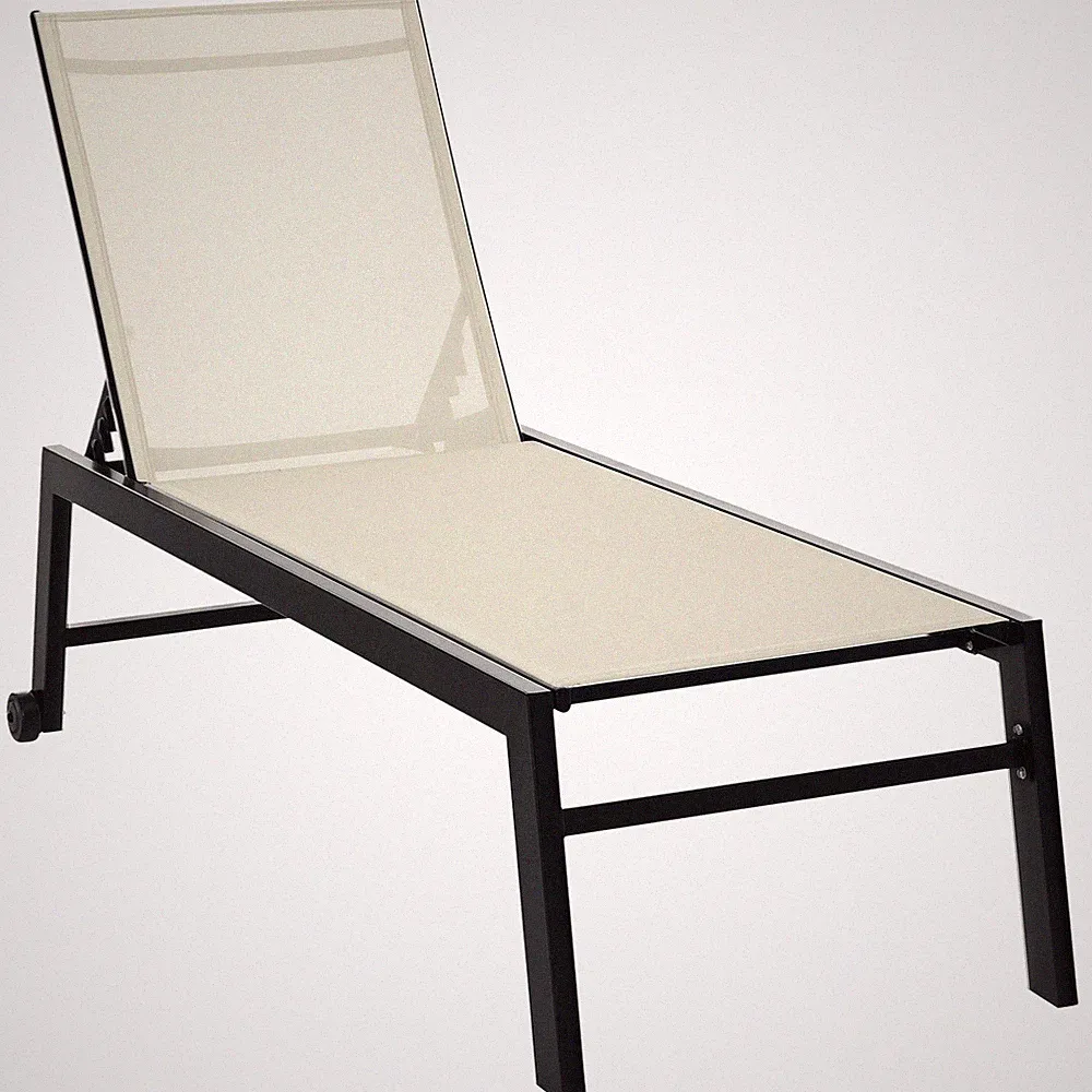 Cream White Reclining Chaise Lounge 5 Adjustments Wheels 66.25in Steel