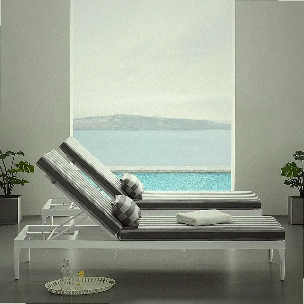 Gray Striped Aluminum Outdoor Chaise Lounge Chair with Cushions